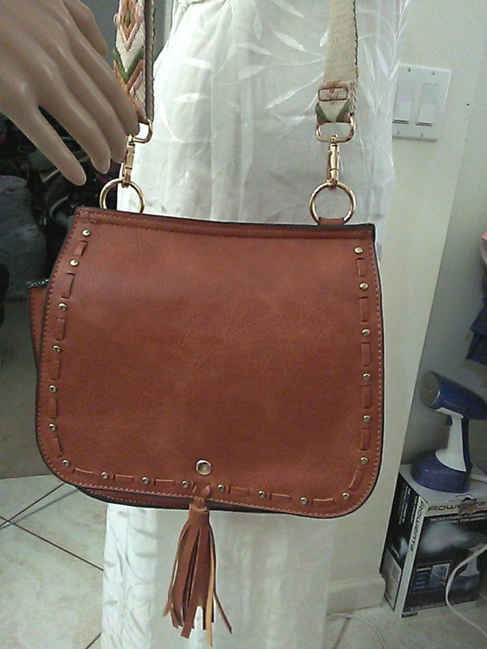 NWOT FAUX LEATHER BOHO Brown Crossbody Bag W/Tassel DECORATED  GUITAR STRAP - Picture 2 of 9